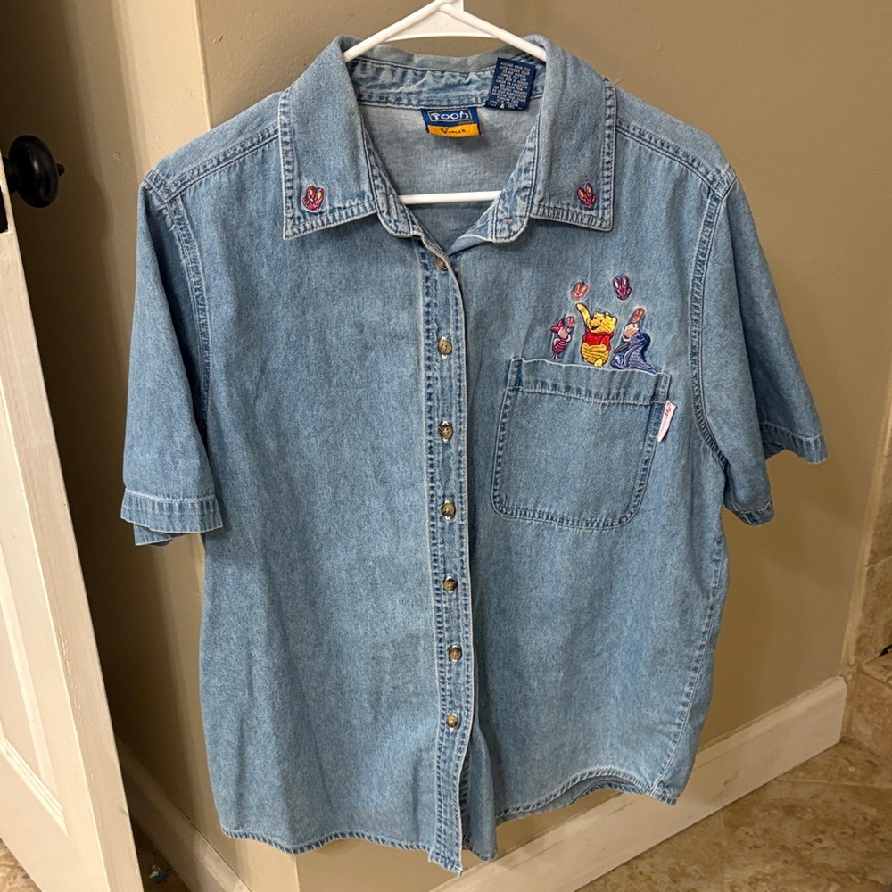 Vintage Disney Blue Denim Shirt with Pooh and Friends Embroidery